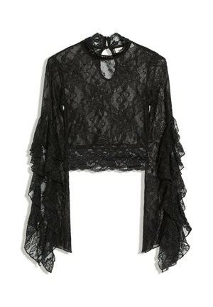 Schwarzes Spitzen-Crop-Top mit langen Ärmeln, Volantglockenärmeln und Schlitz am Ausschnitt, mit floralem Spitzenmuster und geschwungenem Saum.
