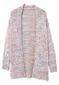 Open-front chunky knit cardigan with long sleeves, ribbed cuffs and hem, featuring mixed pastel colors in soft yarn.