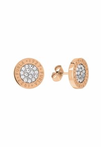 Pendientes de aro en tono dorado con un diseño circular, adornados con cristales transparentes en el centro y detalles grabados alrededor del borde.