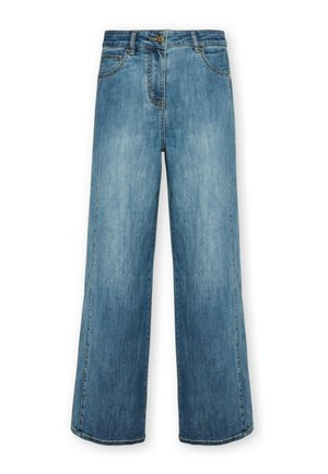 Jeans di jeans a gamba larga color azzurro chiaro con vita alta, tasche frontali e sbiaditure sottili. Presentano una chiusura con bottoni e cuciture standard.