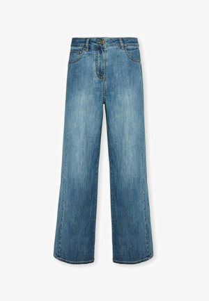 Hellblaue Jeans mit weitem Bein und hoher Taille, vorderen Taschen und dezenter Waschung. Verfügt über einen Knopfverschluss und Standardnähte.