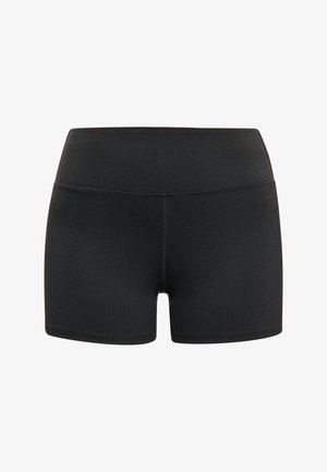 Mustad mustad lühikesed püksid kõrge vöökohtaga, venivast materjalist, kummardatud õmblustega ja sileda, mati tekstuuriga.