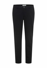 Zwarte broek gemaakt van een zachte stof, met een smalle pasvorm, een knoopsluiting en riemlussen. Het ontwerp is eenvoudig zonder patronen.