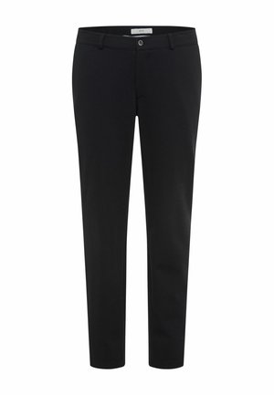 Schwarze Hose aus einem weichen Material, mit schmaler Passform, Knopfverschluss und Gürtelschlaufen. Das Design ist schlicht ohne Muster.