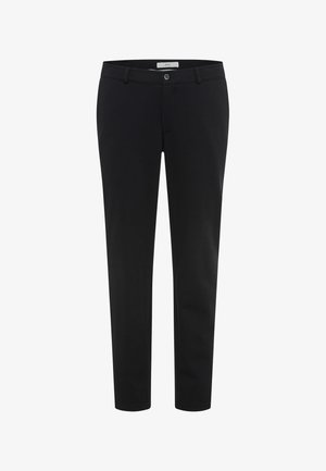 Zwarte broek gemaakt van een zachte stof, met een smalle pasvorm, een knoopsluiting en riemlussen. Het ontwerp is eenvoudig zonder patronen.