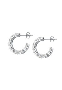Orecchini a cerchio in argento con design testurizzato e accenti rettangolari trasparenti. I cerchi sono aperti all'estremità e dotati di chiusura a spillo.