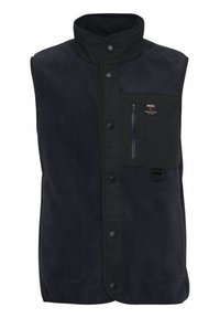 Chaleco de forro polar azul marino con un cuello alto, acentos de nylon negro, bolsillos frontales y un bolsillo en el pecho con cremallera. Presenta un cierre de botones a presión.