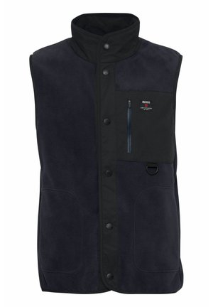 Granatowy fleece'owy bezrękawnik z wysokim kołnierzem, czarnymi nylonowymi detalami, przednimi kieszeniami i kieszenią na zamek błyskawiczny na piersi. Posiada zapięcie na zatrzaski.