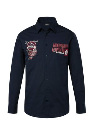 Camicia a manica lunga blu navy in cotone. Presenta dettagli ricamati, bottoni lungo la parte anteriore e un design classico del colletto.