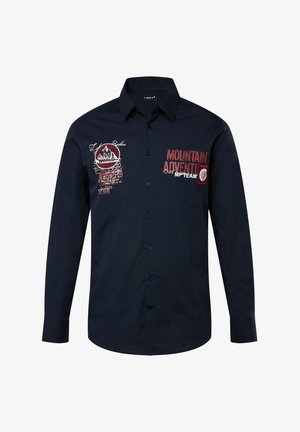 Dunkelblaues Langarmhemd aus Baumwolle. Verfügt über gestickte Details, Knöpfe an der Vorderseite und ein klassisches Kragendesign.