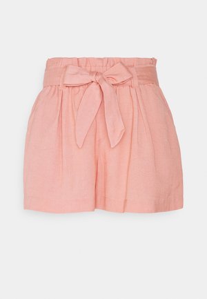 Shorts en lin roses avec une taille froncée, un détail de nœud noué et un design plissé. Présente une texture lisse et une coupe décontractée.