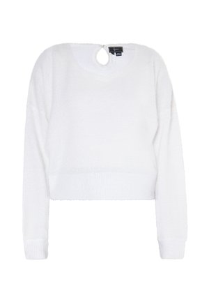 Weißer, verkürzter Pullover aus weichem, flauschigem Material. Hat lange Ärmel und einen runden Ausschnitt mit einer Schlüssel-Ausschnittöffnung auf der Rückseite.