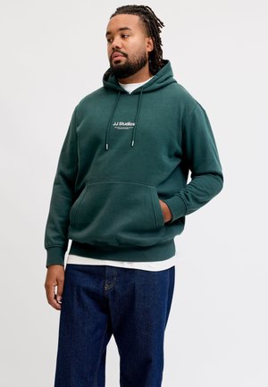 Mann mit geflochtenem Haar steht und trägt einen dunkelgrünen Hoodie mit dem Text "JJ Studios" und blaue Jeans vor einem schlichten hellen Hintergrund.