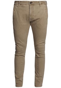 Hnědé chino kalhoty s úzkým střihem. Vyrobené z měkké směsi bavlny. Mají boční kapsy a jedno tlačítko na zapínání v pase.