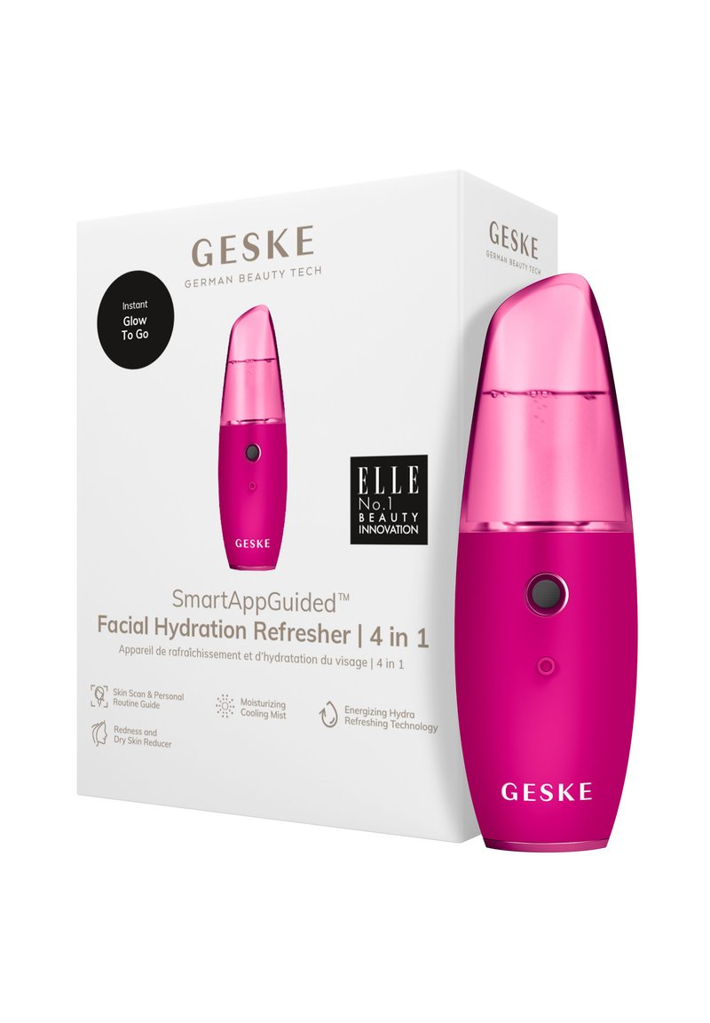 Aérosol hydratant facial rose avec un design épuré, un sommet arrondi et un bouton. Le produit est emballé dans une boîte blanche avec du texte et des logos.