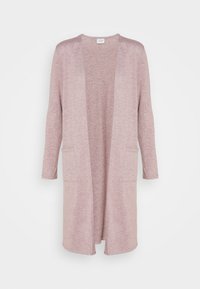 Ljusrosa lång kofta i mjuk stickad tyg, med öppen framdel, långa ärmar och två framfickor. Enkelt mönster med avslappnad passform.