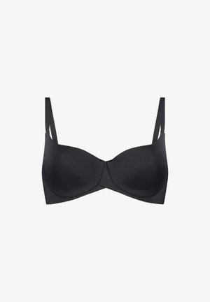 Soutien-gorge noir à armatures avec des coques lisses et des bretelles ajustables. Fabriqué en tissu extensible, il présente un design simple et sans coutures.
