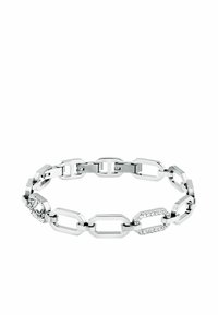 Bracciale in argento con maglie rettangolari intrecciate, una delle quali è decorata con pietre preziose trasparenti, che presenta una finitura lucida e un design moderno.