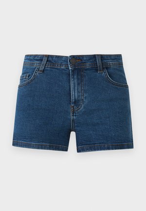Mørkeblå denimshorts med frontknap, lynlås, bæltestropper, to forlommer og en lille møntlomme på en lysegrå baggrund.
