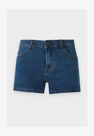 Mørkeblå denimshorts med frontknap, lynlås, bæltestropper, to forlommer og en lille møntlomme på en lysegrå baggrund.