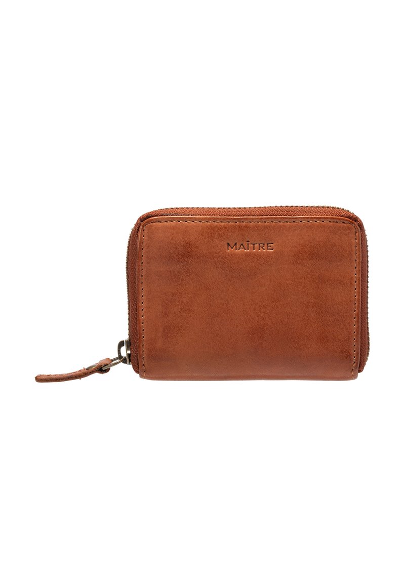 Brown leather wallet with smooth texture, zip closure, and a small attached strap. Features embossed brand name on the front.