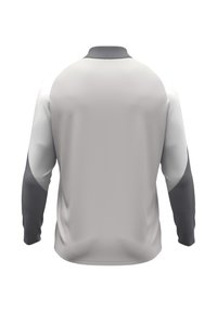 Langslijfs sportshirt in het grijs, met een hoge kraag. De mouwen zijn donkergrijs met een gladde textuur en contrasterende stofpatronen.