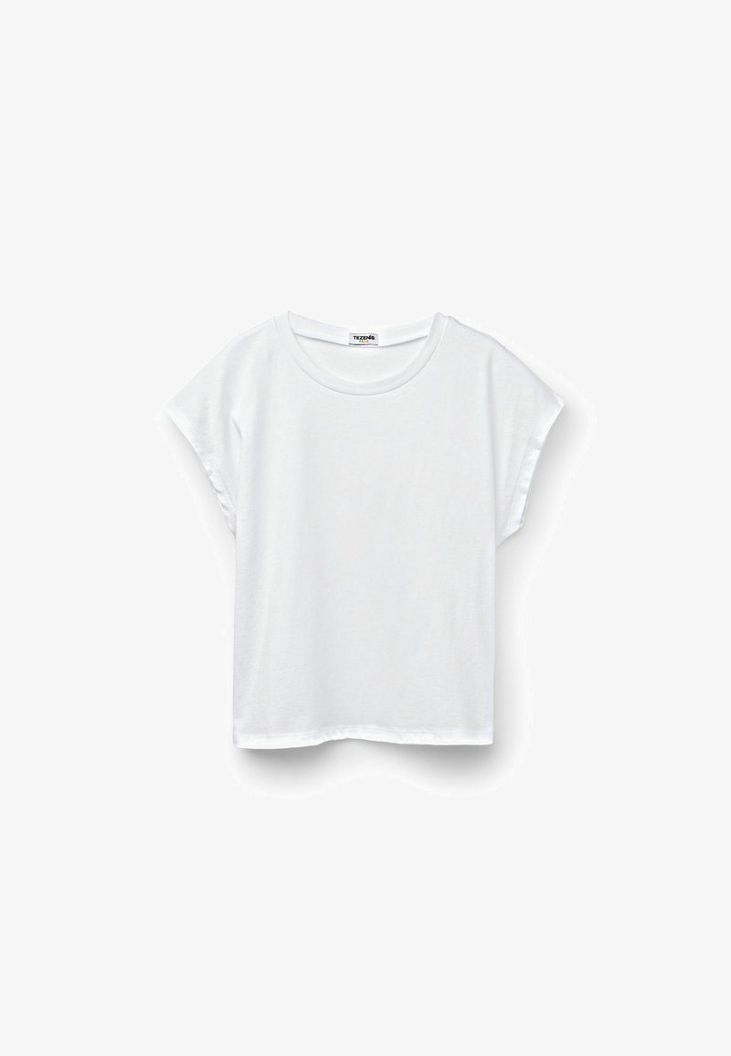 Biała bawełniana koszulka z okrągłym dekoltem, krótkimi rękawkami w stylu krótkich rękawów oraz luźnym krojem. Gładka faktura bez wzorów ani dodatkowych detali.