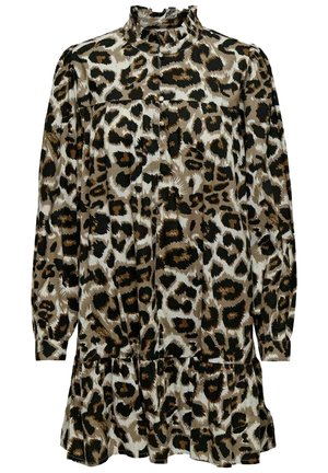 Kjole med lange ærmer, rynket kant og høj hals, med brun, sort og beige leopardprint-mønster og knaplukning foran.