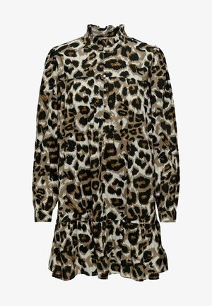 Robe à manches longues avec ourlet volanté et col montant, avec un motif léopard marron, noir et beige, et une fermeture à boutons sur le devant.