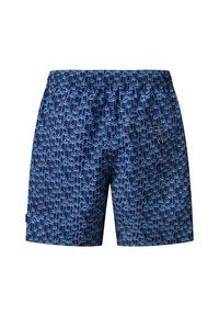 Shorts de bain bleu marine avec motif de palmiers bleu clair, taille élastique et poche arrière avec étiquette de la marque Hackett.
