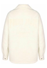 Ivory fleecejacka med krage, långa ärmar och pr präglad "TOMMY JEANS" text på ryggen, med tryckknappdetaljer på ärmsluten.