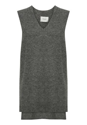Gray sleeveless sweater with a V-neck and a soft, textured fabric. Features an elongated back hem and minimal branding label inside.