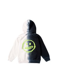 Hoodie met een verloop van wit naar donkergrijs, met een groene smiley face logo en de tekst "VOLCOM" op de achterkant.