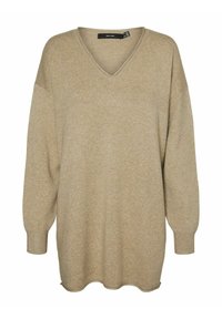 Beiger Strickpullover mit V-Ausschnitt, überschnittenen Schultern und langen Ärmeln. Hat eine lockere Passform sowie gerippte Bündchen und Saum.