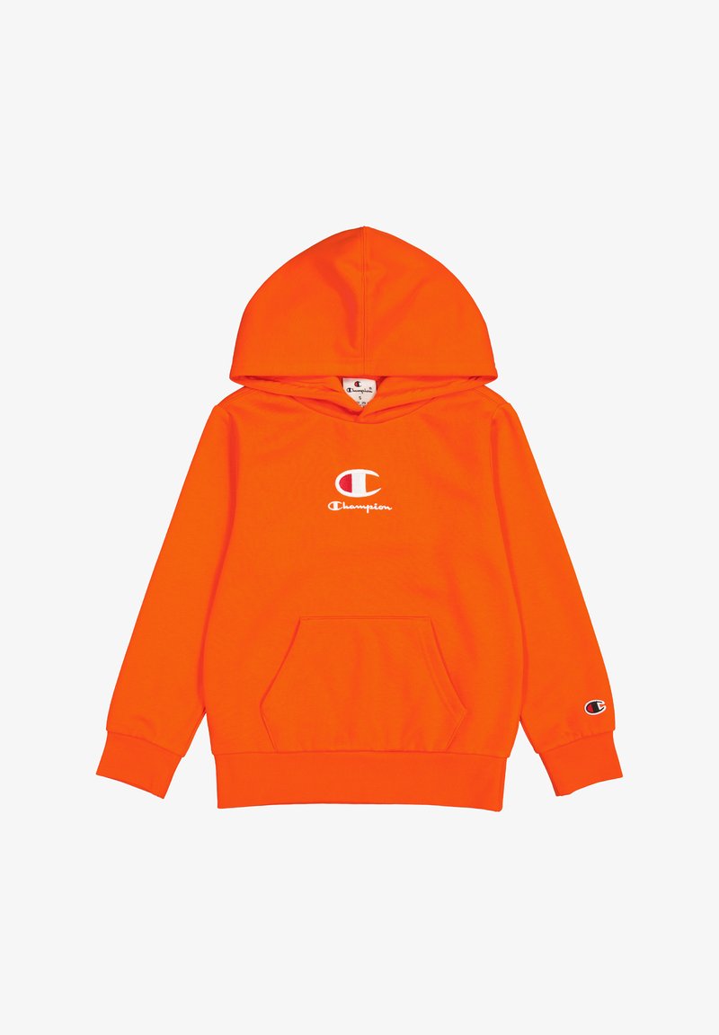 Haut à capuche orange avec une poche frontale, capuche ajustable et logo Champion blanc. Présente des poignets côtelés et un tissu doux et texturé.