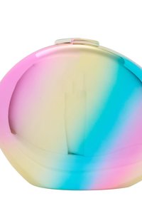 Plastväska med rundad form, med en gradient av pink, gult och blått, och en slät, glansig yta.