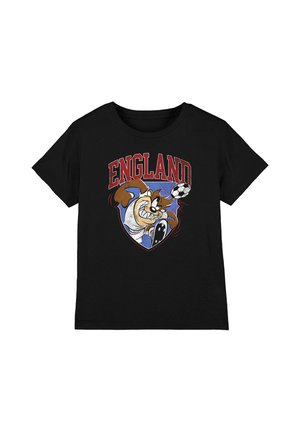 Black t-shirt with graphic of cartoon dog playing soccer and the word England above in red uppercase letters.