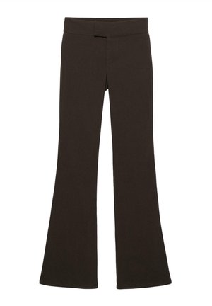 Rjave široke hlače iz raztegljive tkanine; imajo ravno pasno linijo in gladko, neopremljeno površino.