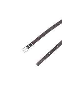 Dark gray suede leather belt with silver buckle and five adjustment holes on a white background.