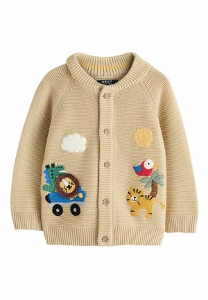 Beige gestrickter Cardigan mit rundem Ausschnitt, Knopfverschluss und bunten bestickten Applikationen von Tieren, Wolken und Blumen. Weiche Textur.