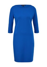 Robe bleu royal atteignant les genoux, avec des manches trois-quarts et un col rond, présentant des manches retroussées et une coupe ajustée et droite.