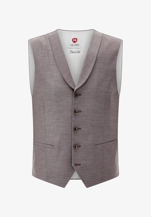 Graues ärmelloses Weste mit Reverskragen, fünf Knöpfen und zwei vorderen Taschen. Texturiertes Gewebe mit subtilem Muster. Gefüttertes Innere.
