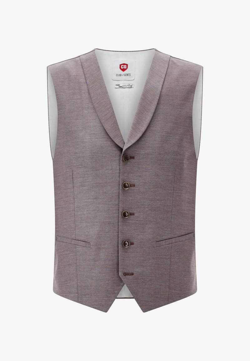 Graues ärmelloses Weste mit Reverskragen, fünf Knöpfen und zwei vorderen Taschen. Texturiertes Gewebe mit subtilem Muster. Gefüttertes Innere.