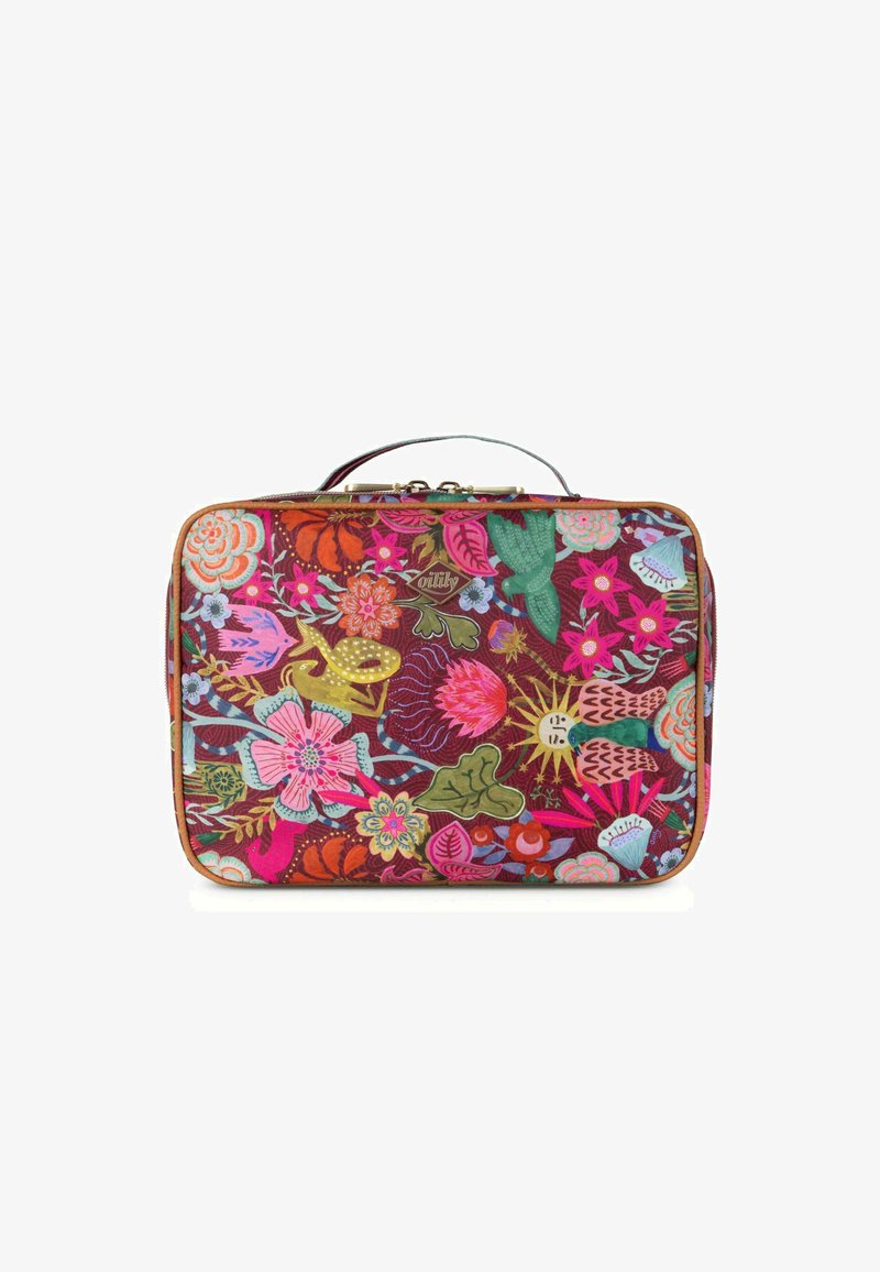 Bolso rectangular de estampado floral colorido, con cierre de cremallera y asa superior. Hecho de un tejido duradero con una textura suave.