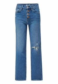 Vaqueros de denim azul de cintura alta con pierna recta, cierre de cinco botones y detalles desgastados en el muslo izquierdo.