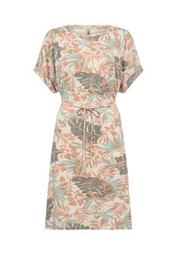 Kortærmet kjole i let stof med et tropisk bladmønster i grøn, fersken og sort, med en snoretræk i taljen for justerbar pasform.