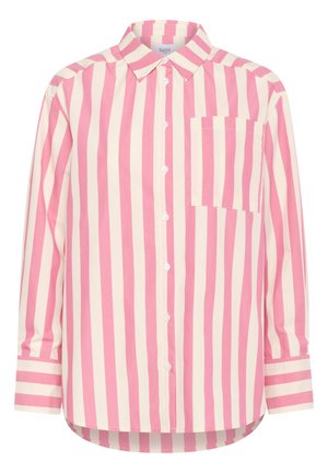 Striped button-up shirt with pale pink and cream vertical stripes. Features a collar, front pocket, and long sleeves with cuff detailing.