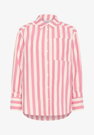 Svītrains pogu krekls ar gaiši rozā un krēmu vertikālām svītrām. Iekļauj apkakli, priekšējo kabatu un garas piedurknes ar aproču detaļām.