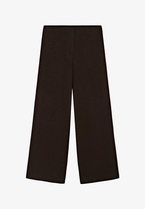 Pantaloni neri a gamba larga realizzati in tessuto liscio. Caratterizzati da vita alta, design minimalista, senza chiusure o tasche visibili.