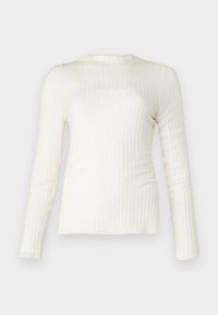 Hvit langermet ribbestrikket topp, lett tekstur, rund halslinje, tettsittende fasong, subtil stretch, rene linjer og en glatt finish.